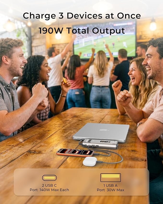 2026 FIFA Licensed 190W 20000mAh Power Bank for Laptop Portable Charger,3-Port USB-C Fast Charging Battery Pack with Built-in USB-C Cables for MacBook,Cell Phones,iPhone 17,iPad,Android,Samsung