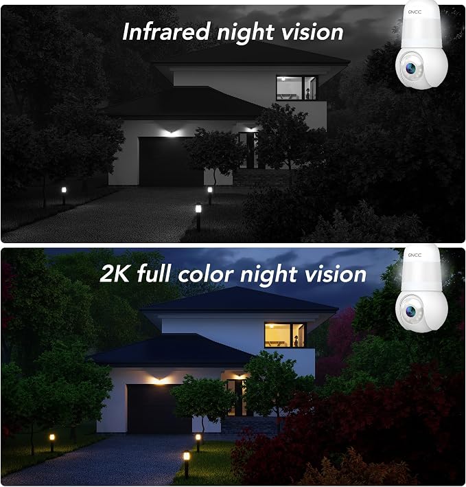 GNCC 2K Light Bulb Security Camera, 2.4G WiFi, Cloud Subscription Required | Easy Install, 350° Pan-Tilt, Motion Detect, 2-Way Audio, Color Night Vision, Light Bulb Timer, Dual Flexible Storage Options