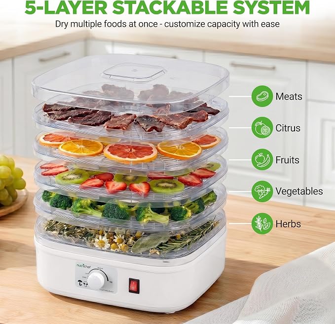 Nutrichef Food Dehydrator Machine | Dehydrates Beef Jerky, Meat, Food, Fruit, Vegetables & Dog Treats | Great For At Home Use | High-Heat Circulation for Even Dehydration | 5 Easy to Clean Trays