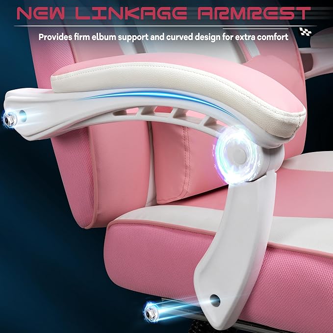 Meilocar Big and Tall Gaming Chair for Adults, 330lbs Heavy Duty Computer Chair with Footrest & Massage Lumbar Support, Wide Seat High Back Reclining Desk Chair, Pink