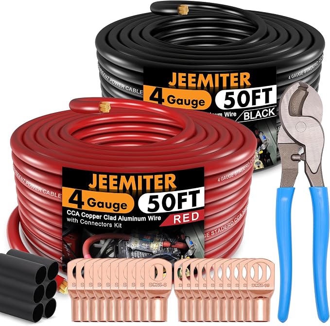 Jeemiter 4 AWG Amplifier Wiring Kit with Free Cable Cutter - 50ft Red & 50ft Black (100ft Total) | Big Power & Ground Cable for Stereo, Big 3 Upgrade, Solar