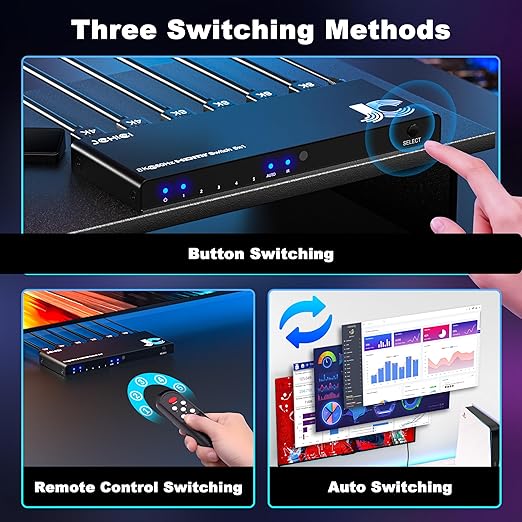 HDMI Switch 5 in 1 Out 8K@60Hz 4K@120Hz - HDMI 2.1 Switcher Splitter with Remote, Auto-Switching - Supports HDCP 2.3, HDR10, Dolby Vision, 3D, VRR - Compatible with PS5/Xbox/PC/Blu-ray Player