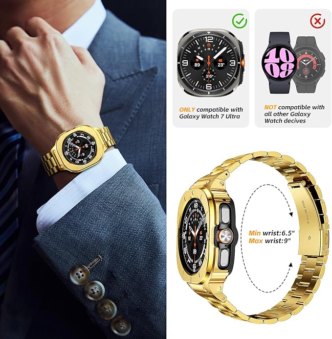 SUPLINK Stainless Steel Case and Band Compatible with Samsung Galaxy Watch Ultra Bands Men(2025/2024),Rugged Protective Case Bumper Metal Adjustable Bands for Samsung Watch Ultra Band 47mm,Gold