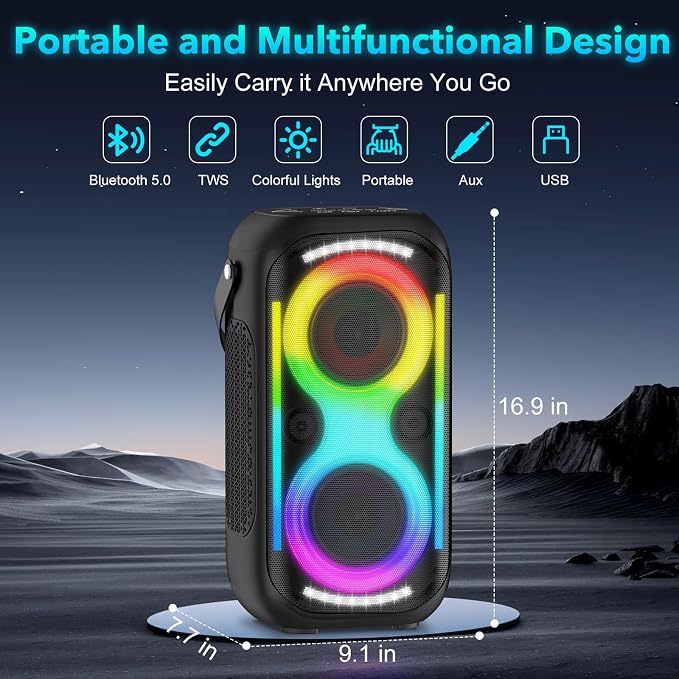 Bluetooth Speaker 160W Loud Wireless Outdoor Portable Big Powerful Deep Bass Sound TWS Large Home Party Speakers with Subwoofer LED Lights(Black)
