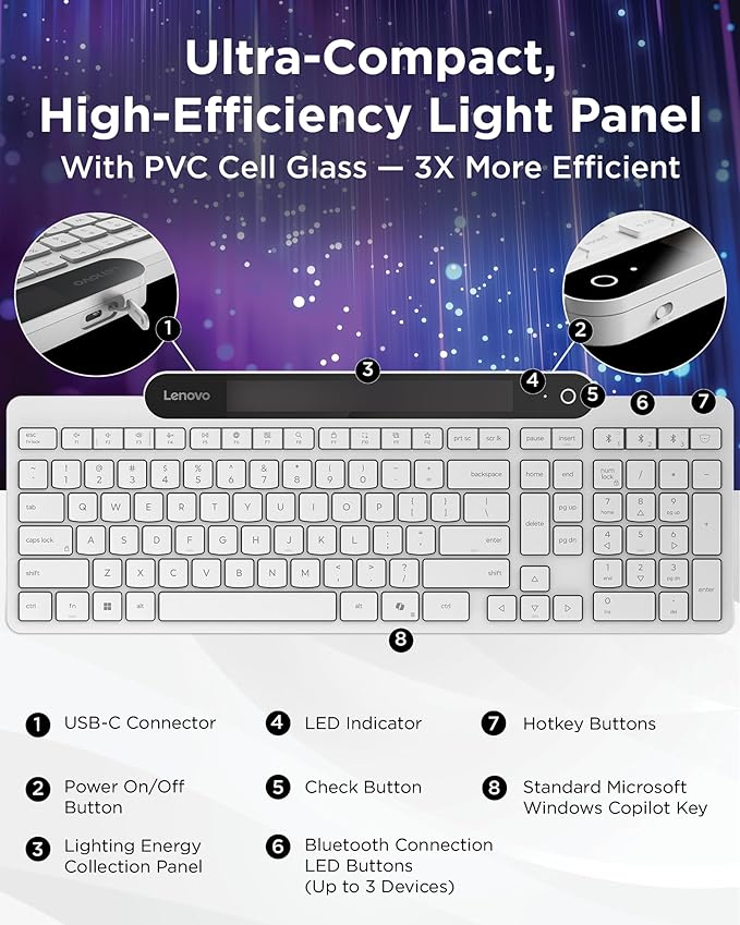 Lenovo 800 Self-Charging Bluetooth Keyboard, Uses Ambient Light for Charging, Bluetooth 5.1, Supports 3 Devices, Battery Free, Wireless, White