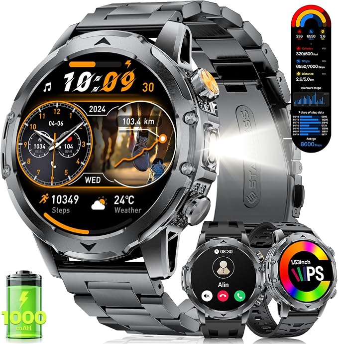 2026 Smart Watches for Men with 1000 mAh, 1.53" HD Display Military Smart watch, LED Torch, Answer/Make Calls, 120+Sports Modes, Heart Rate, Sleep Monitor, SpO2, IP68 Waterproof, iOS Android(3 Straps)