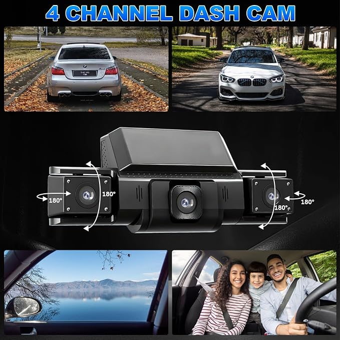 4 Channel Dash Cam Front and Rear with 360° View for All-Round Protection, 4-Way Recording, Built-in 5G WiFi & GPS, APP Control, 8 IR LEDs, 24H Parking Monitor, G-Sensor, Free TF Card (32, GB)