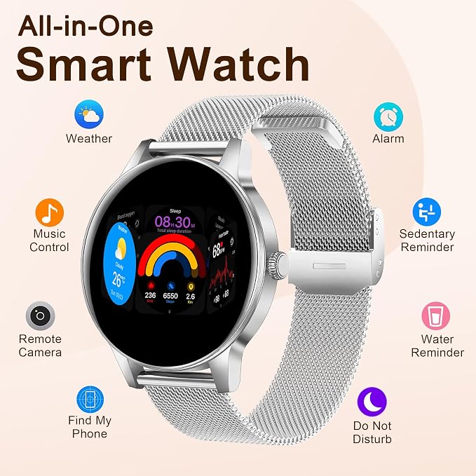 Smart Watches for Women, 1.27" HD Smart Watch for Android Phones & iPhones, Smartwatch Answer/Make Calls, Fitness Tracker with Heart Rate/Sleep/SpO2 Monitor, 110+ Sport Modes, 3 Bands (Silver)