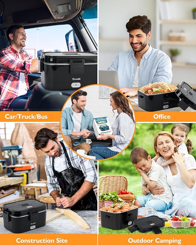 Eocolz Electric Lunch Box Food Heater 100W, Food Warmer with Dual Container 1.8L Portable Heated Lunch Box for Car Truck Work Stainless Steel Fork & Spoon 12/24/110V for Adults Lonchera Eléctrica