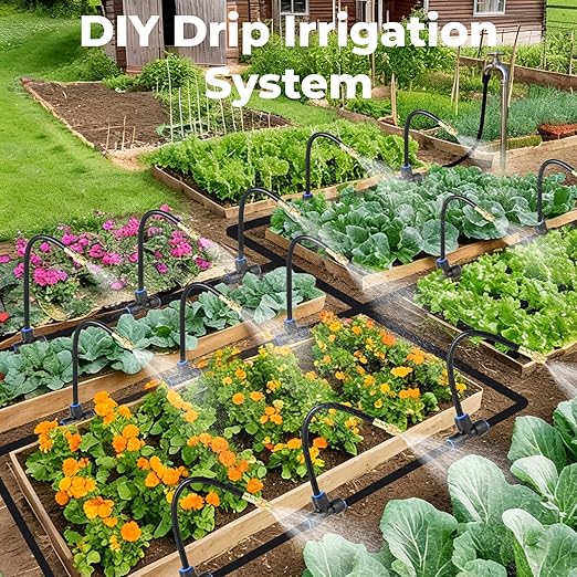 33FT Drip Irrigation System for Garden: 10 Nozzles 1/4" PE Tubing Automatic Watering Kit Adjustable Misting Sprinkler Mister Hose for Water Plants Tape Raised Beds Lawn Outdoor Yard Greenhouse