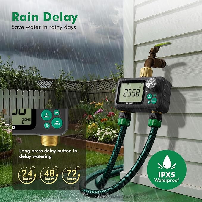 RESTMO Remote Control Brass Sprinkler Timer for Outdoor Hose Faucet 2 Zone, Max 11h59m Water Timer for Long Watering Soaker Hose, Misting with Large Dial, Rain Delay/Manual/Auto for Drip Irrigation