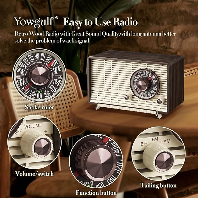 YOWGULF AM FM Radio Classic Retro Wood Table Radio Bluetooth Speakers Radios Plug-in Wall with Rotary Knob Great for Home, Office