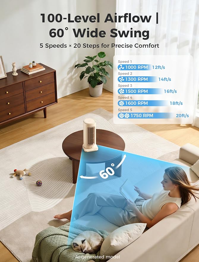 Aecooly Powerful Tower Fan for Bedroom,8000mAh Battery, 21H Max Cooling with Remote Control, 100 Speeds, 1-12H Timer, 60° Oscillation,11 Inch Portable Desk Fan for Home,Office - Beige
