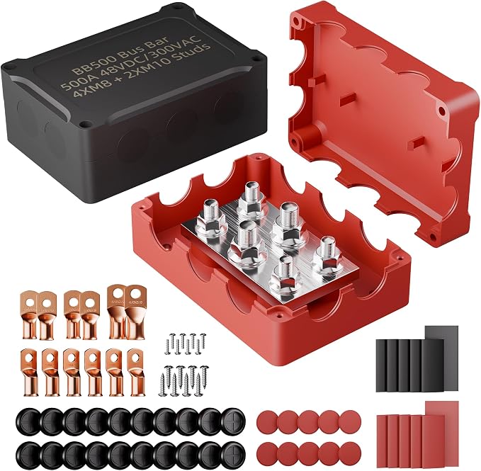 DAIERTEK Copper Bus Bar 12V 500A Heavy Duty Power Distribution Block Waterproof Battery Terminal with Cover, Ground Bus Bar Positive & Negative with M8 & M10 Studs for Automotive Marine RV Solar
