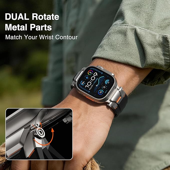ULTIMAL Rugged Band for Apple Watch Ultra 3/2/1 49mm, Series 11/10/9/8/7/6/5/4 SE 46mm/45mm/44mm, Waterproof, Soft TPU Strap with Stainless Steel Buckle & Connectors, Sweat-Resistant, Easy to Clean, Fits 155-225mm Wrist (Titanium/Black)
