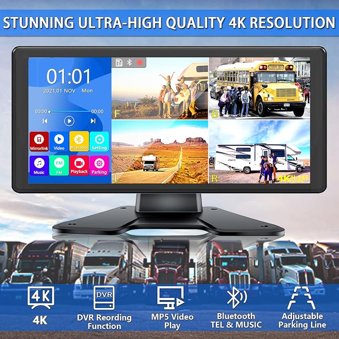 RV Backup Camera System with 10.36’’ 4K Monitor for RV Truck Bus Trailer with 4 Rear/Side View 1080P HD Cameras 4 Splits Touch Screen DVR Recording IP69 Waterproof Bluetooth Music Video Avoid Blind