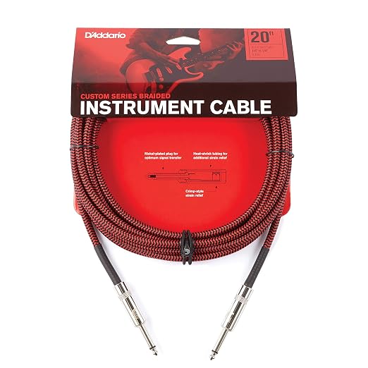 D'Addario Guitar Cable - Guitar Lead - Instrument Cable - Guitar Accessories - Braided Cable - 20 Feet/7.62 Meters - Red - 1 Pack