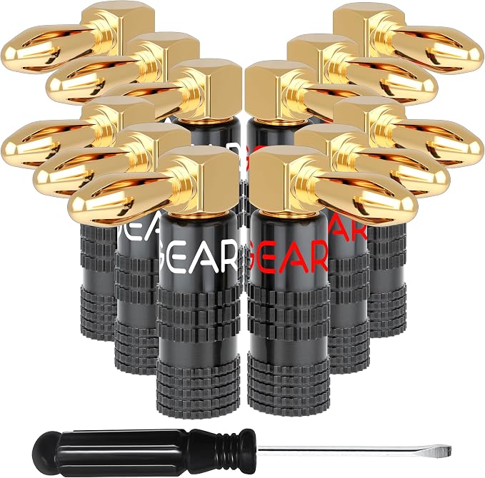 GEARit Right Angle Banana Plugs for Speaker Wire, 6 Pairs 90 Degree Flex Pin Design Speaker Banana Plugs for Wall Plate & Home Theater, Spring Clips, 12-20 AWG
