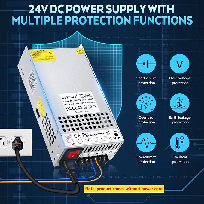 Upgraded Output Port 24V 50A 1200W DC Switching Power Supply, Universal Transformers PSU AC110V/220V (SMPS), 24 Volt Power Supply for 3D Printer, CCTV, DC Motor(Without Power Cord)