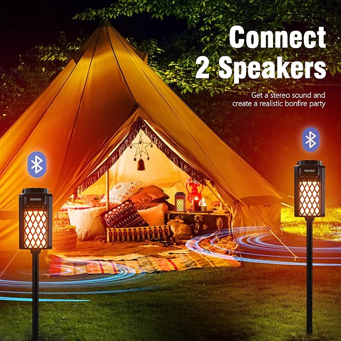blonbar 2pcs Outdoor Speakers with Torch Atmosphere,10W Portable Bluetooth Stereo Speaker,IP65 Waterproof Led Flame Speakers, Torch Lights for Patio Home Decor, for Men Women Dads Moms
