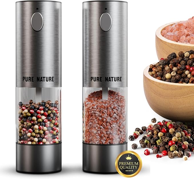 Pure Nature Electric Salt and Pepper Grinder Set with Rechargeable Base – Stainless Steel, Large Capacity, LED Light, 5 Adjustable Coarseness Levels, Refillable, Type-C Fast Charging