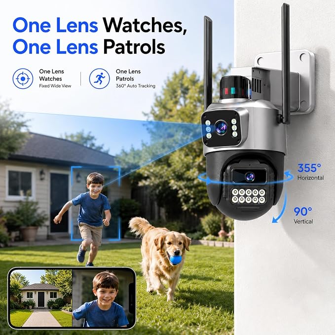 Outdoor Camera, Dual Lens PTZ 6MP Security Camera Outdoor, 6X Digital Zoom, Auto Tracking, Color Night Vision, 5G/2.4G Dual-Band WiFi, Plug-in Power, 2-Way Audio, IP66 Waterproof