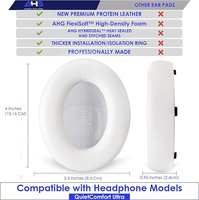 AHG Accessory House Global QC Ultra Replacement Ear pad and Headband Pad Kit Cushion Compatible with Bose QuietComfort Ultra Wireless Headphones. (AHG-QUIETCOMFORT-Ultra-Combo-White-Smoke)