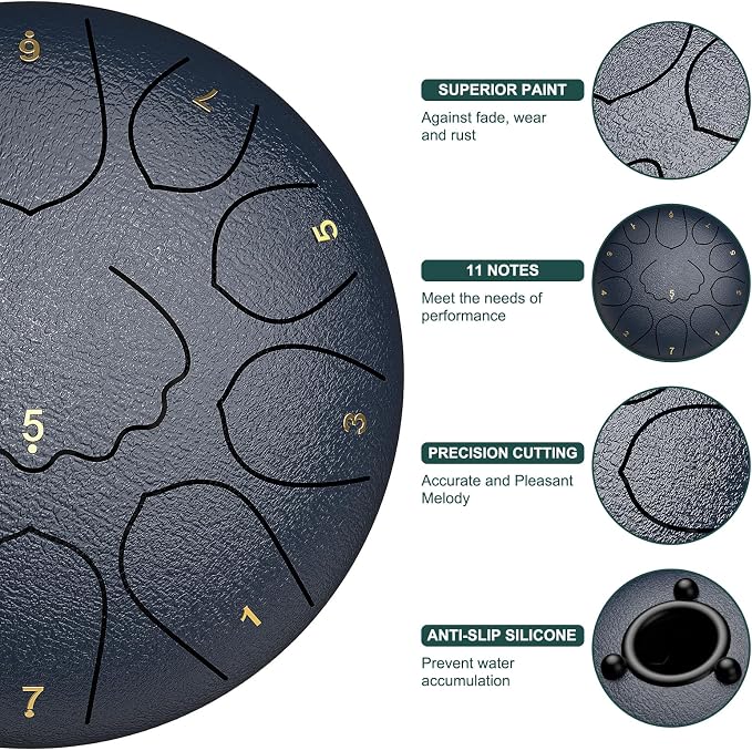 Rain Drum for Outside Garden, 8 Inches 11 Notes Steel Tongue Drum, Waterproof Meditation Rain Chime, Musical Instruments for Adult Gift with Bag, Music Book, Mallets (Navy Blue)