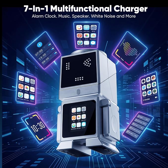 Robot 7-in-1 Wireless Charging Station, Qi2.2 25W Magnetic Rotating Charger for iPhone 17-12 Series, iWatch, AirPods, Bluetooth Speaker, Alarm Clock with LCD Display, Desk Organizer & Decor, Sliver