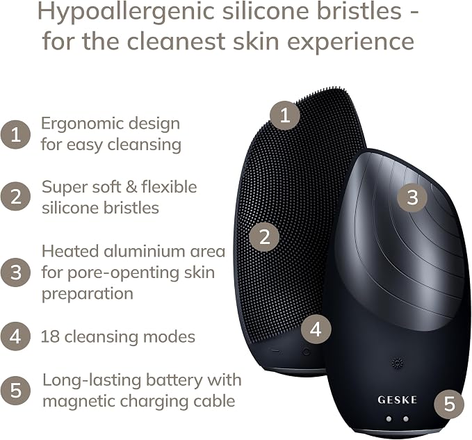 GESKE SmartAppGuided Sonic Thermo Facial Brush | 6 in 1 | Skin Cleansing | Cleansing Brush with Thermal Function | Electric Facial Massager