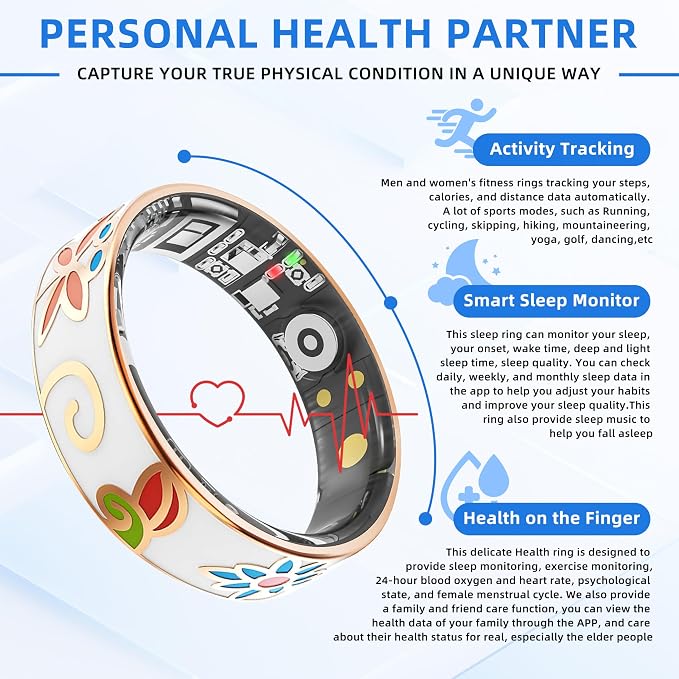 Smart Ring | No Subscription Health Tracker Enamel Color Size9 | 5ATM waterproof, 5day battery, Fitness & heart rate & SpO2 & pressure tracker, iOS & Android compatible, family care