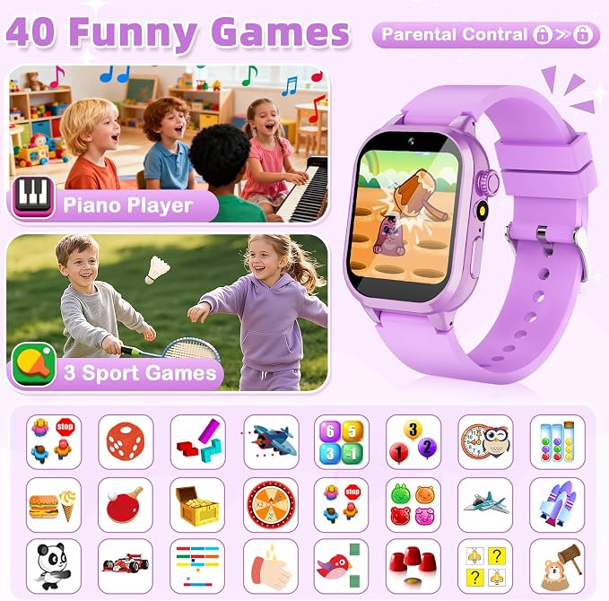Smart Watch for Kids Girls Gifts for Aged 4-12, 40 Games HD TouchScreen Kids Watch with Video Camera Music Pedometer Audiostory Learn Card 2 Extra Bands Birthday Gift for 6 7 8 9 Year Olds（Purple）