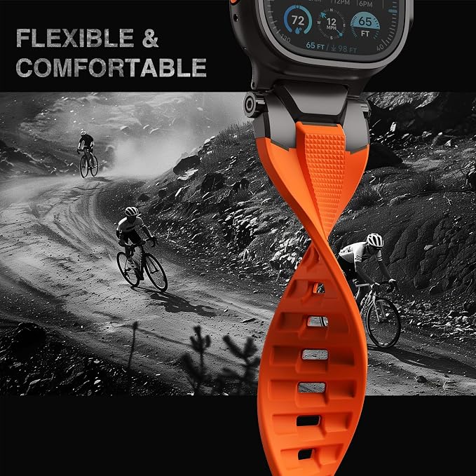 ULTIMAL Rugged Band for Apple Watch Ultra 3/2/1 49mm, Series 11/10/9/8/7/6/5/4 SE 46mm/45mm/44mm, Waterproof, Soft TPU Strap with Stainless Steel Buckle & Connectors, Sweat-Resistant, Easy to Clean, Fits 155-225mm Wrist (Black/Orange)