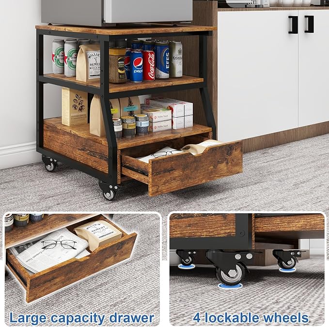 PUNCIA 23.6" x21.7" Mini Fridge Stand with Large Capacity Storage & Drawer | Heavy Duty Fridge Cart Rolling Beverage Refrigerator Table with Wheels Appliance Platform for Dorm Apartment Office Bedroom