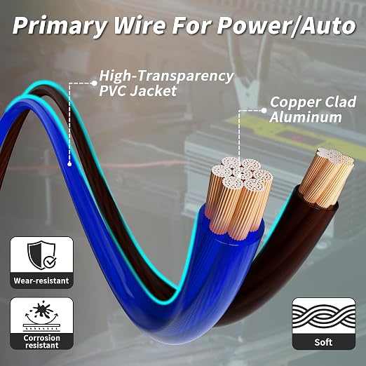 4 Gauge Wire(25FT Black + 25FT Blue) Copper Clad Aluminum CCA Battery Cable, Primary Power/Ground Cable for Car Audio Speaker, RV Trailer, Marine, Solar Equipment, Translucent Jacket