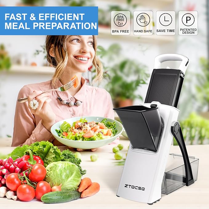 [All in 1] Upgraded Version Safe Mandoline Slicer for Kitchen, Adjustable Thickness. Veggie Slicer, Rapid Prep Mandoline, Detachable Blade, Cleaning Brush (WhiteBlack)