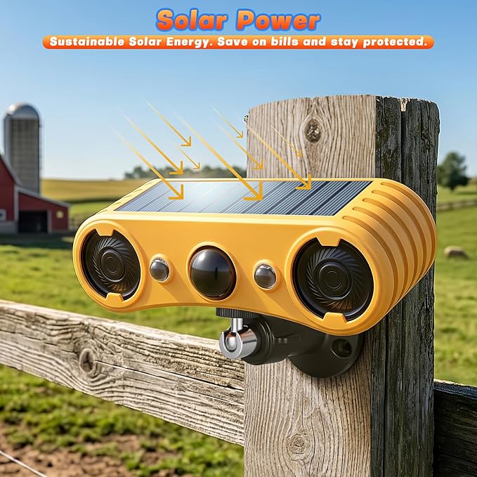 Solar Motion Sensor Alarm Outdoor, Red & Blue LED Strobe Light with 130dB Dual Speakers, 13 Loud Sounds Dog Barking & Siren, Continuous Loop Playback, 4 Working Modes for Home, Villa, Farm, Barn