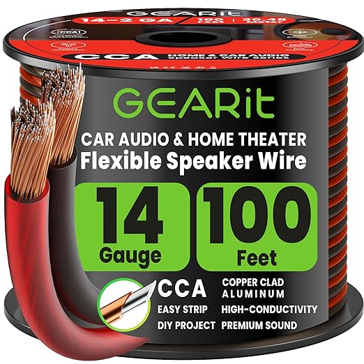 GEARit 14 Gauge Speaker Wire 100 ft,Speaker Cable with Foot Markers & Polarity Markings,14 Gauge Wire for Car Audio & Home Theater Speakers,Audio Cable for DIY Installations,CCA(Black Red)