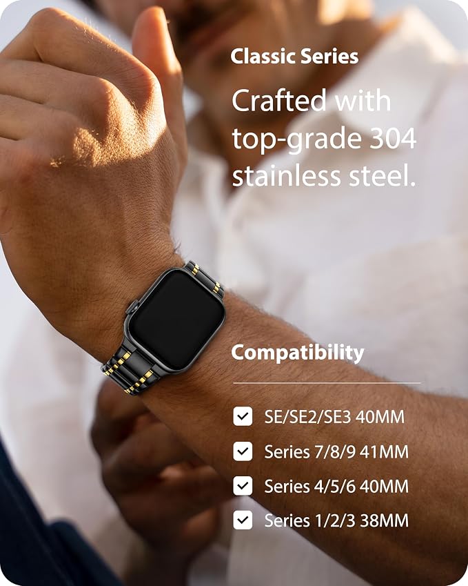Fullmosa Bands Compatible with Apple Watch Band 41mm 40mm 38mm, Stainless Steel iWatch Band with Case for Apple Watch Series 9 8 7 6 5 4 3 2 1 SE3/2/1, Black and Gold