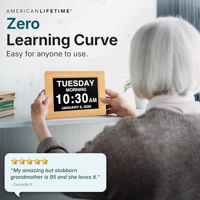 American Lifetime New 2026 Dementia Clock Large Digital Clock for Seniors, Alzeimer Clock Large Display with Custom Alarms, Clock with Day & Date for Elderly, Digital Calendar Premium Light Wood