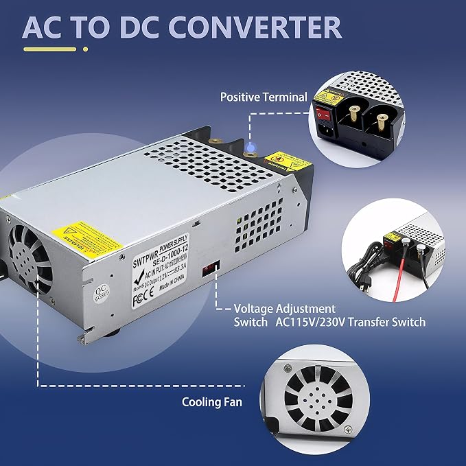 New Upgraded DIY SMPS 110V AC to DC 12V 83A 1000W Power Supply,12v Power Supply,110v to 12V Converter Voltage Transformer for Motor Pump CCTV 3D Printer Air Compressor Led (12V-83A-1000W)