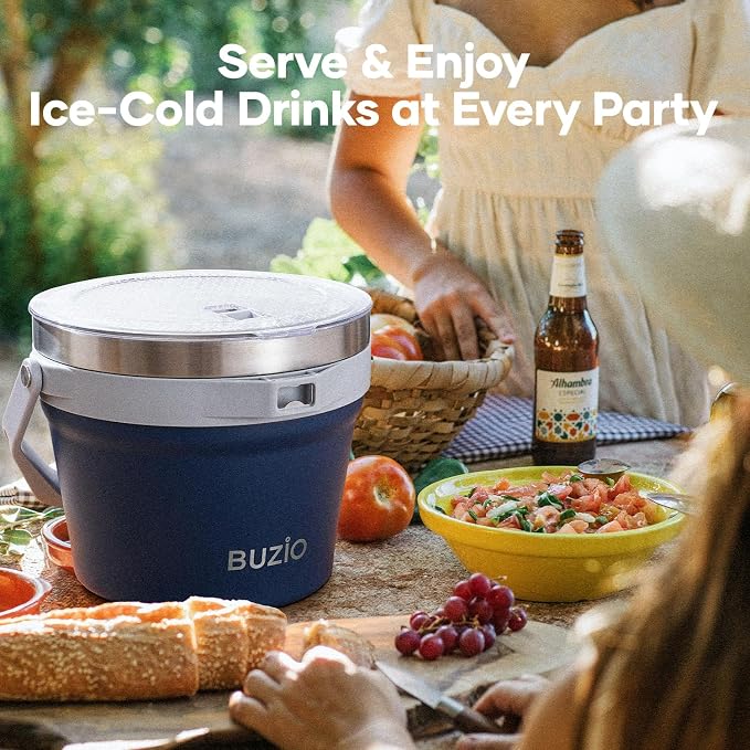 BUZIO 7 L Ice Bucket for Parties with Lid and Scoop & Tongs, Vacuum Insulated Stainless Steel Ice Buckets with Handle and Adjustable Shoulder Strap, Large Beverage Bucket for Cocktail Bar, Blue