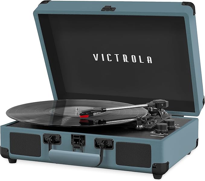Victrola Journey Bluetooth Portable Suitcase Record Player – with Built-in Speakers, 3 Speed Vinyl Record Player, RCA Out, Headphone Jack (Smoky Blue)