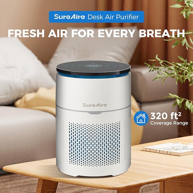 Desktop Air Purifier for Home Office, HEPA Filter for Smoke, Pet Hair - Auto Mode, Low-noise Sleep Mode, Adjustable Light, Compact Design