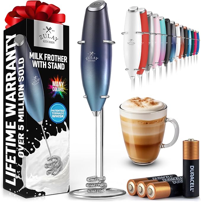 Zulay Kitchen Powerful Milk Frother Wand With Duracell Batteries - Ultra Fast Handheld Drink Mixer - Electric Whisk Foam Maker for Coffee, Lattes, Cappuccino & Matcha - Triple Whisk - Ocean Depth