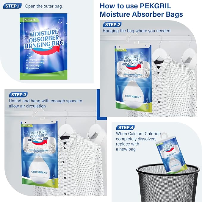 Moisture Absorber Bags 10 Packs, 15 oz Hanging Dehumidifier Bags, Humidity Packs for Closet, Bathroom, Kitchen, 420g/Pack
