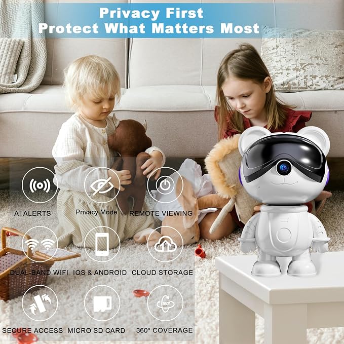 3K Indoor Security Camera for Home – Cute Bear Baby Monitor, Pet Camera & Nanny Cam, 5G/2.4G WiFi, AI Human & Pet Detection with Auto Tracking, IR Night Vision, Two-Way Audio, Privacy Mode, RTSP/ONVIF