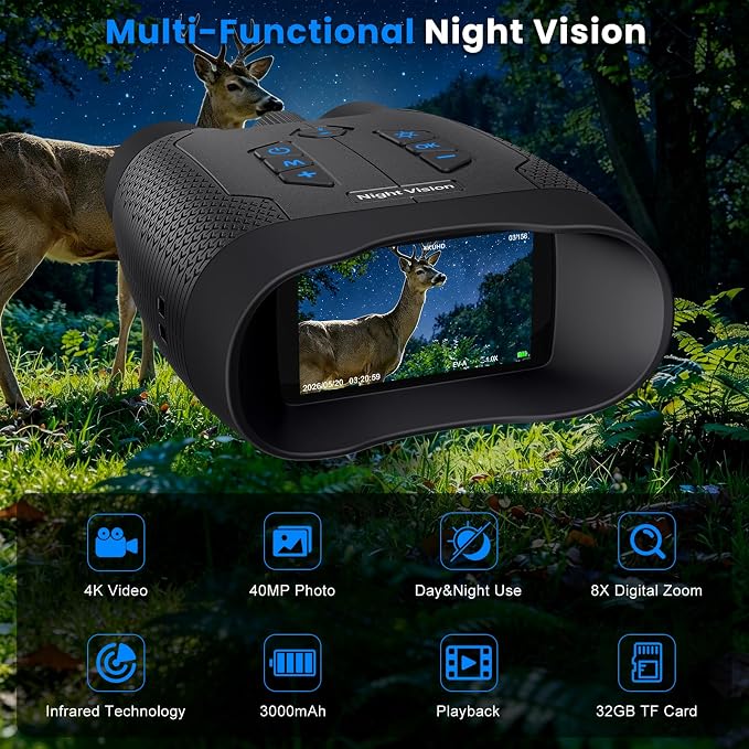 4K Night Vision Goggles for Adults, Infrared Night Vision Binoculars with 8X Digital Zoom, 1670FT Range with 32GB Card for Hunting, Wildlife Observation Camping, Security and Outdoor Use