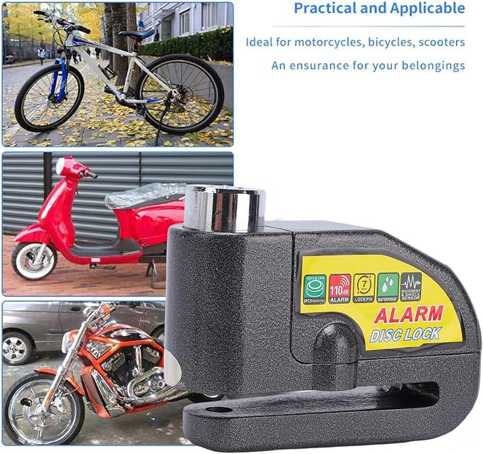 Asixxsix Alarm Disc Brake Lock, Anti Theft Security Wheel Lock with 110dB Alarm & 2 Keys, IP65 Water Proof, 5ft Reminder Cable, for Motorbikes Bikes Scooters