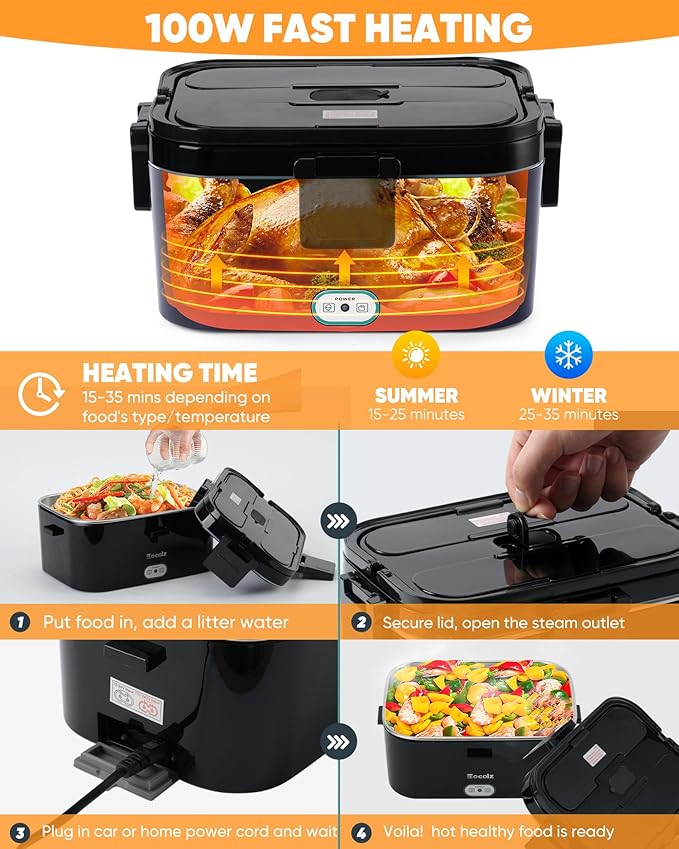 Eocolz Electric Lunch Box Food Heater 100W, Food Warmer with Dual Container 1.8L Portable Heated Lunch Box for Car Truck Work Stainless Steel Fork & Spoon 12/24/110V for Adults Lonchera Eléctrica